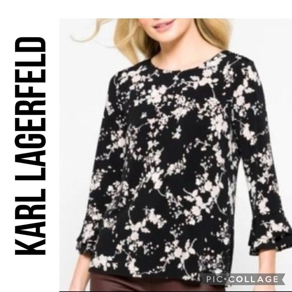 Karl Lagerfeld Women’s Black Multi-Color Floral Blouse With Trumpet Sleeves Size